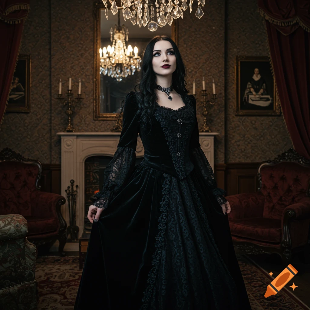 A young woman with dark hair in a black gothic gown stands in an opulent, old-fashioned salon.