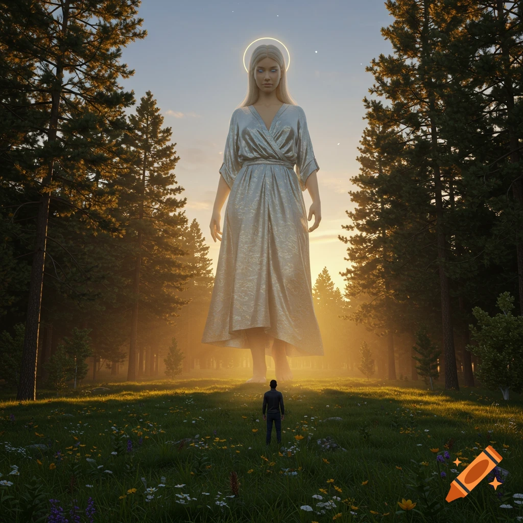 A giant woman with a halo towers over a tiny man in a sun-drenched forest clearing with wildflowers.