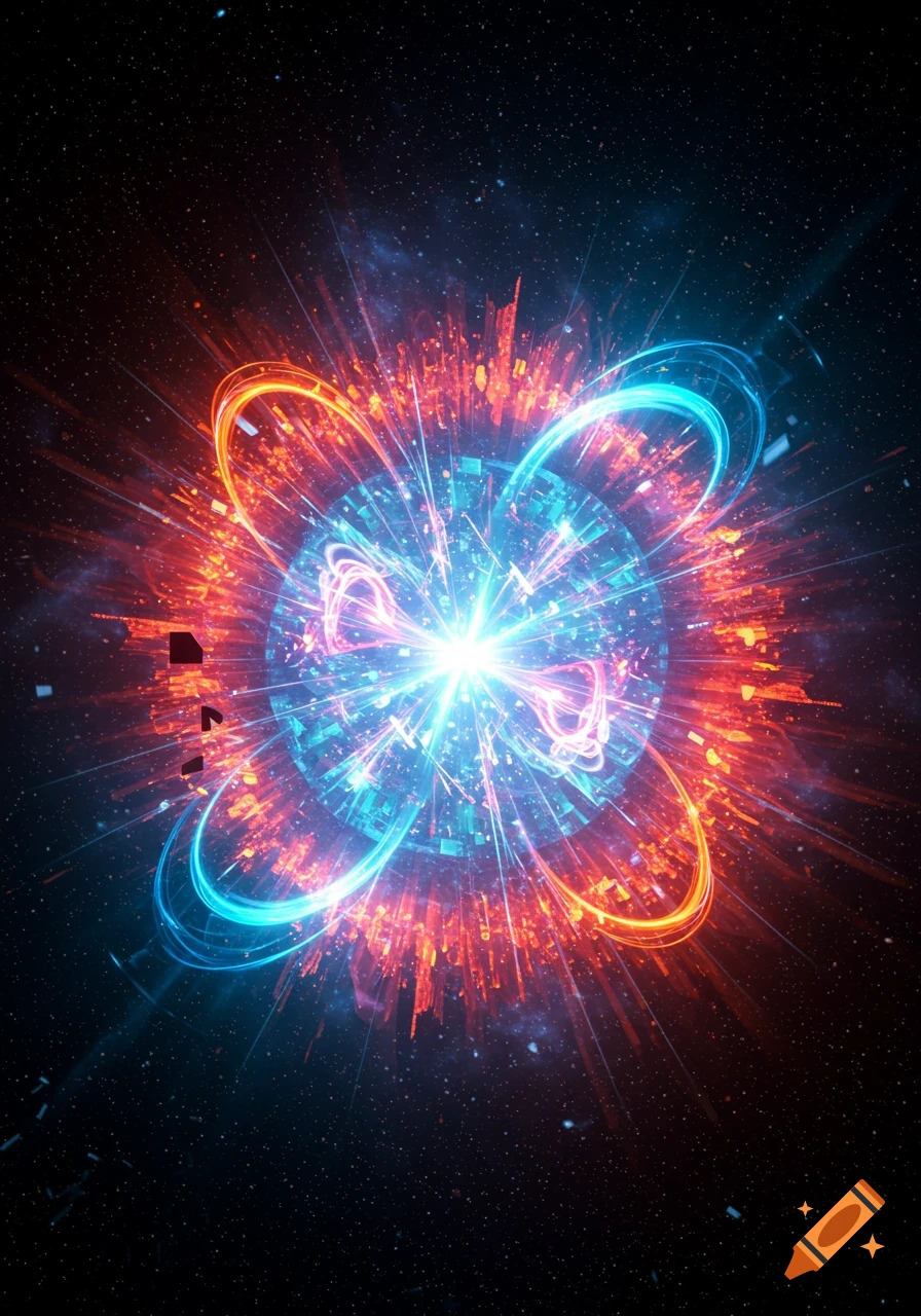 A vibrant, abstract depiction of a cosmic explosion or energy core radiating blue and orange light in deep space.