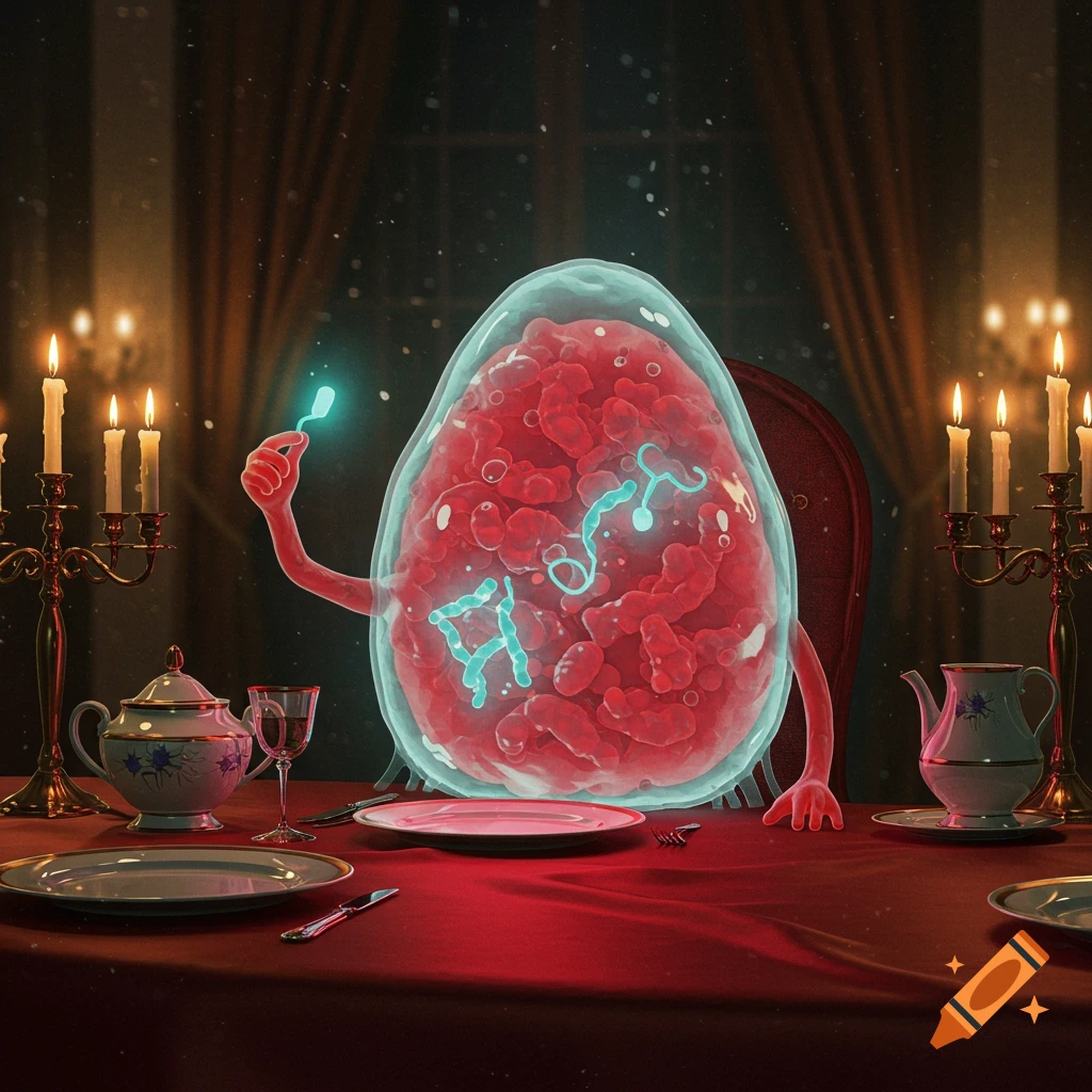 A surreal illustration of a red food vacuole with glowing enzymes, dining at a candlelit table, holding a glowing fork.