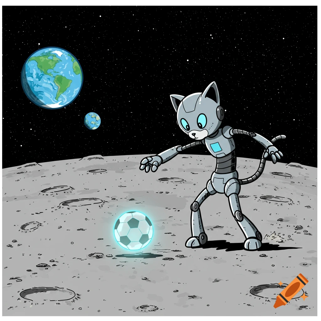 A cartoon robot cat plays soccer on the moon with Earth visible in the starry background.