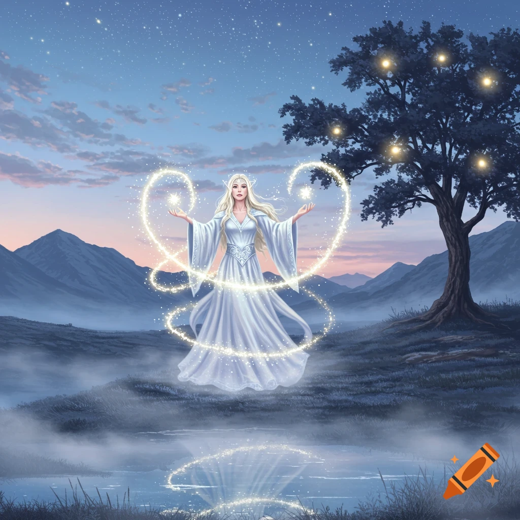 Blonde elf woman in white dress creating glowing magic in a misty, starlit fantasy landscape with mountains and a tree.