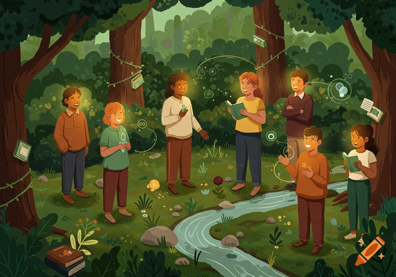 Illustrated scene of diverse young people reading and interacting in a magical forest with glowing elements and a stream.