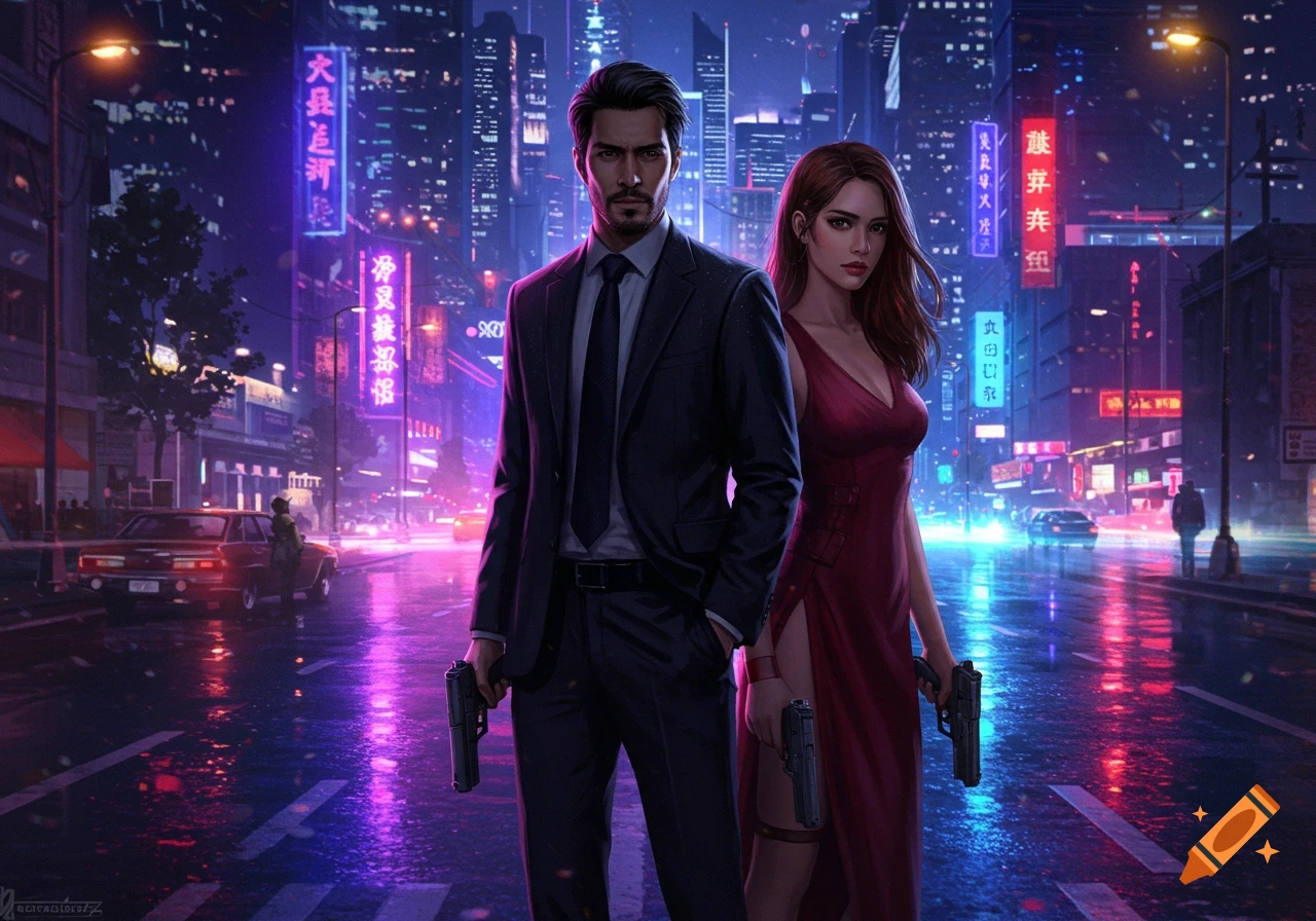 A determined man in a suit and a woman in a red dress, both armed, stand on a wet street in a neon-lit cyberpunk city at night.