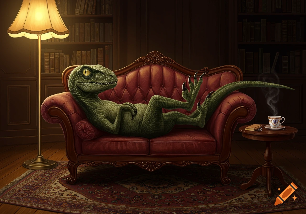 A green velociraptor with yellow eyes lounges comfortably on a red velvet couch in a dimly lit library, with a steaming teacup on a side table.