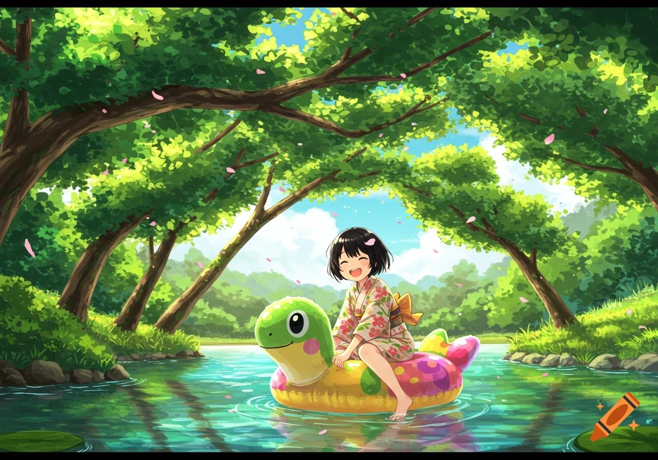 An anime girl in a yukata rides a green and pink inflatable toy in a river surrounded by lush trees under a sunny sky.