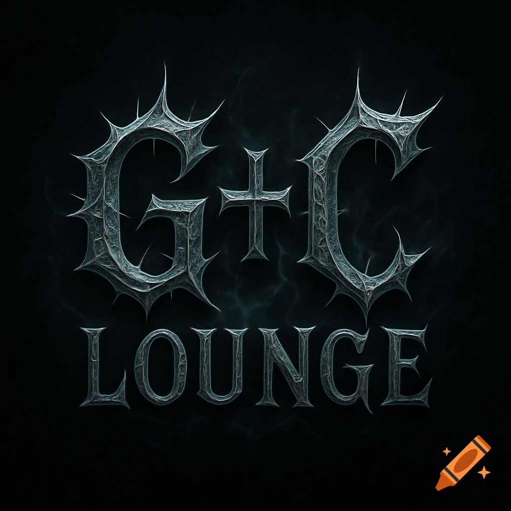 A dark, metal-textured logo features 'G+C LOUNGE' in a spiky, gothic font against a stormy background.