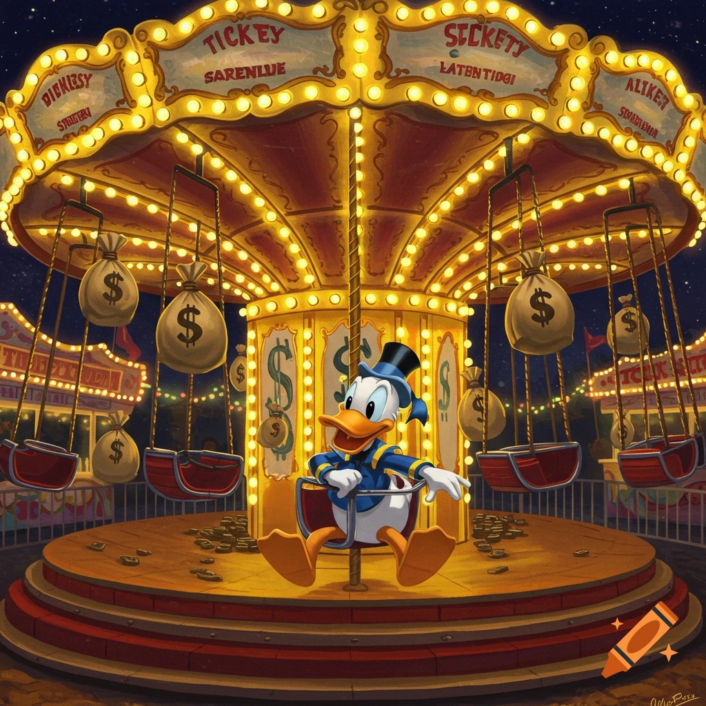 Donald Duck in a blue suit and top hat sits on a swing carousel, surrounded by money bags, under a starry night sky at a carnival.