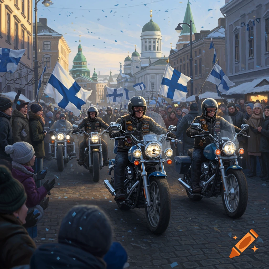 Motorcyclists ride through a city street lined with crowds waving Finnish flags, under a clear sky.