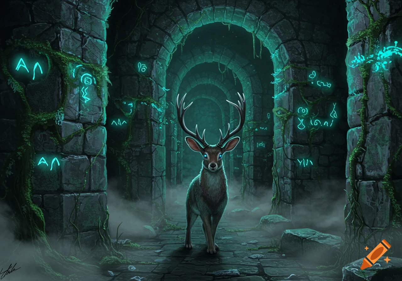 A deer with glowing blue eyes and large antlers stands in an eerie, moss-covered stone labyrinth with glowing teal runes on the walls, in a fantasy art style.