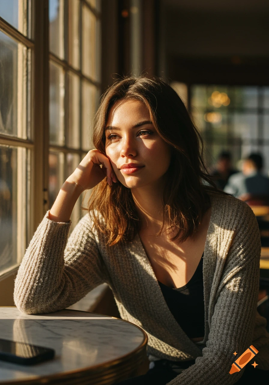 A young woman sits in a cafe, looking thoughtfully out a sunlit window, chin resting on her hand. Photorealistic.