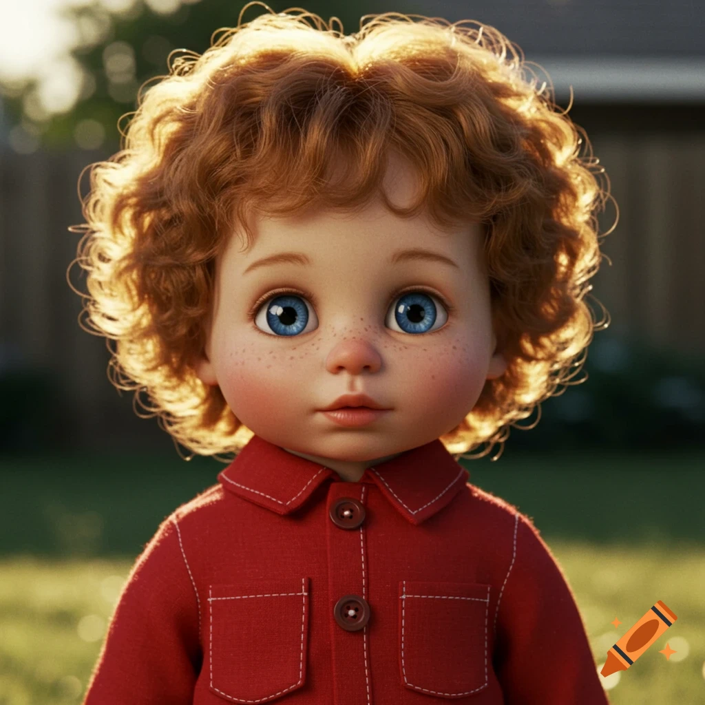 Close-up of a cute, photorealistic doll with blue eyes, freckles, red curly hair, and a red jacket, outdoors.