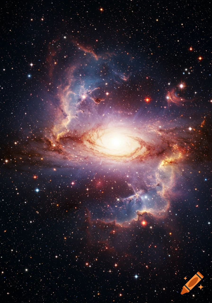 A bright spiral galaxy with luminous core and swirling arms, surrounded by colorful nebulae and countless stars in deep space.