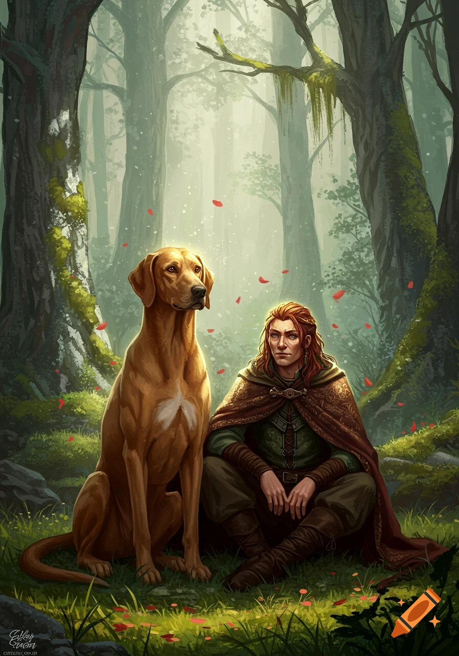 A man in a cloak sits with a large brown dog in a luminous, misty fantasy forest, digital painting.