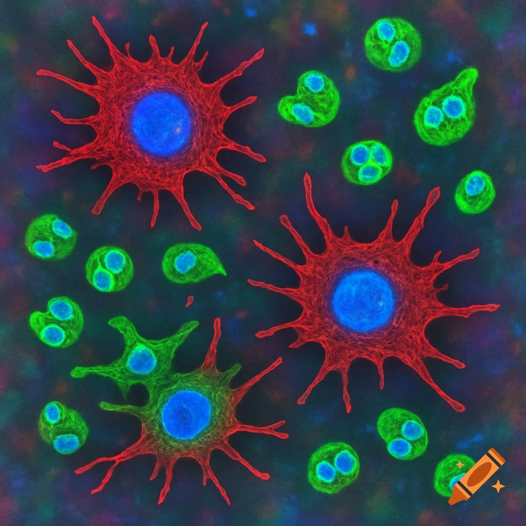 A colorful immunofluorescence image shows large red macrophages with blue nuclei and smaller green neutrophils with blue lobulated nuclei, against a dark, speckled background.