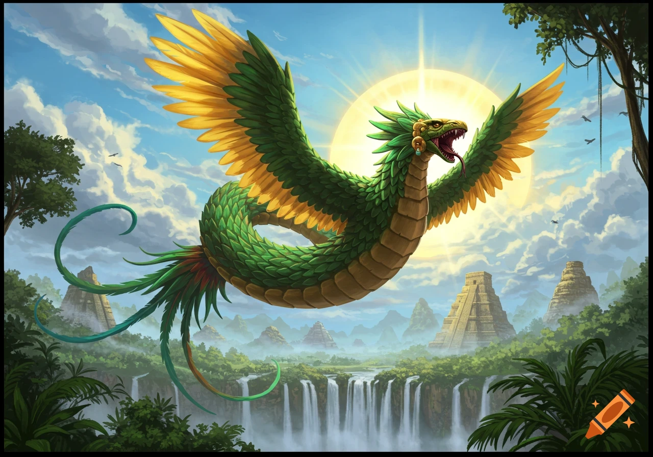 A vibrant green and gold feathered serpent, Quetzalcoatl, flies over ancient pyramids, waterfalls, and a lush jungle under a shining sun.