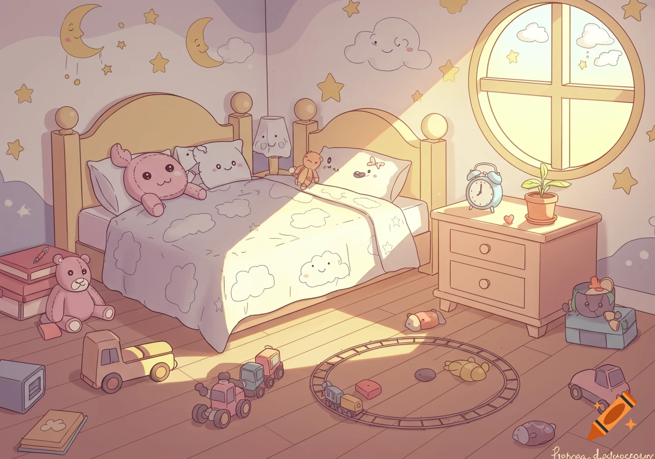 A warm, cartoon-style children's bedroom bathed in morning light, with a bed, toys on the floor, and celestial wall decorations.