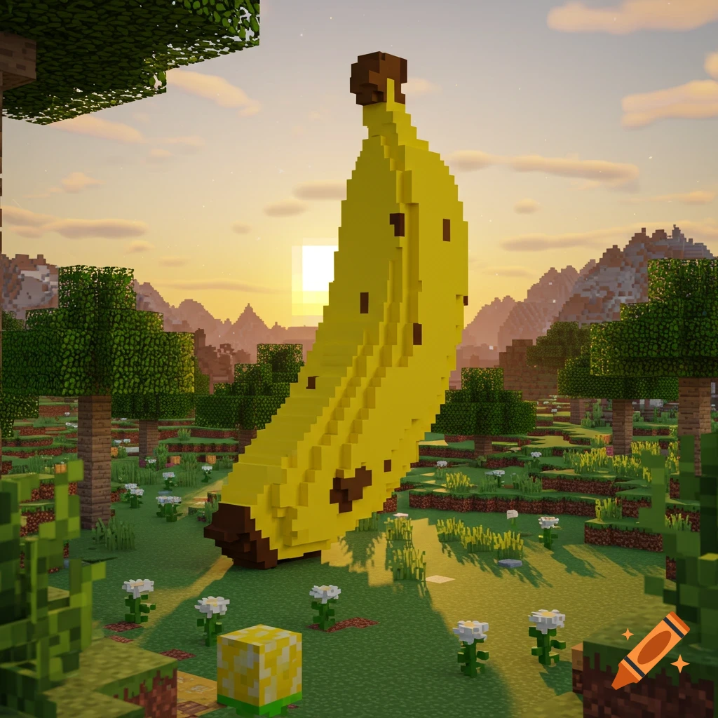 A giant Minecraft-style banana stands in a blocky landscape with trees and mountains at sunset.