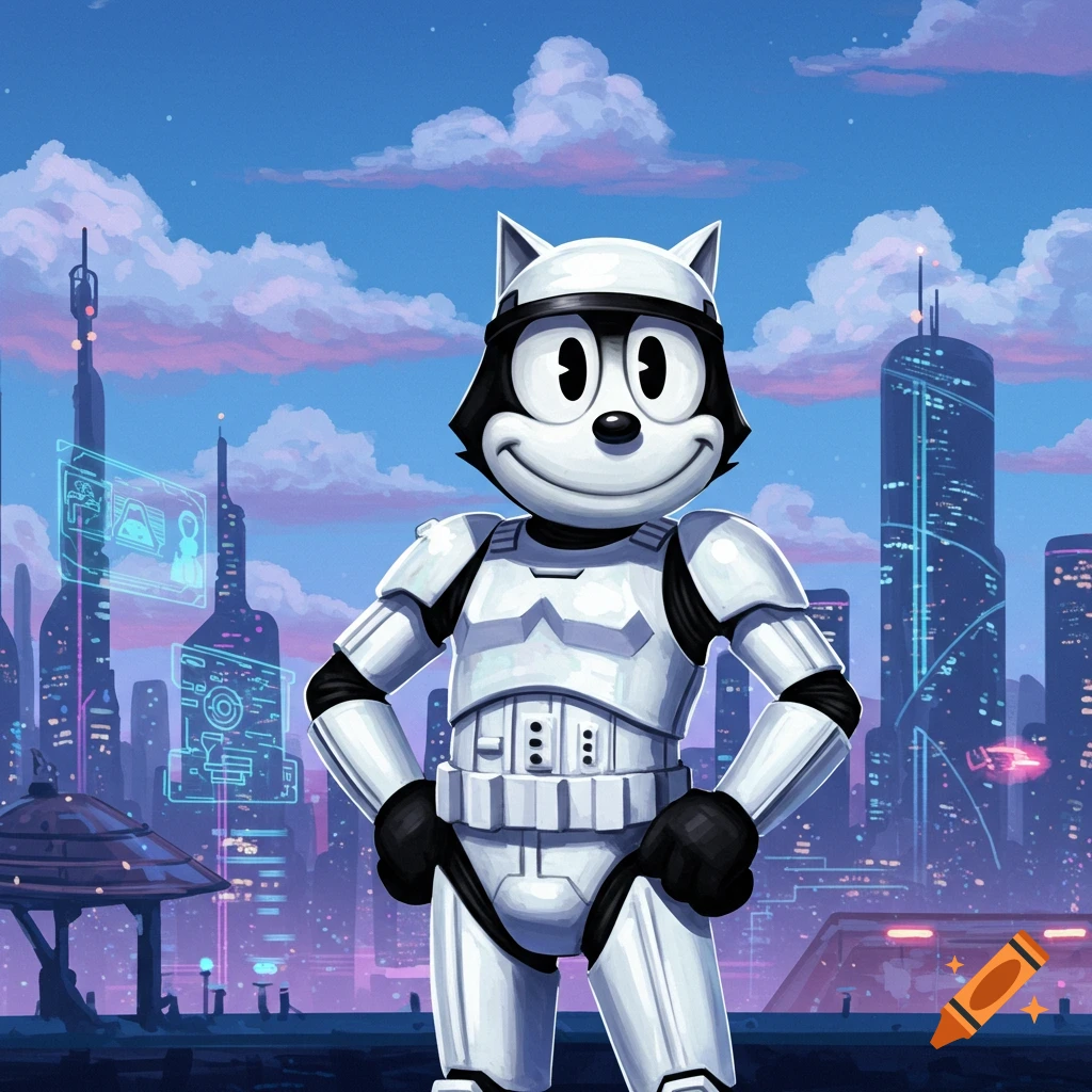 Felix the Cat dressed as a Stormtrooper stands in a futuristic city with glowing skyscrapers at dusk.