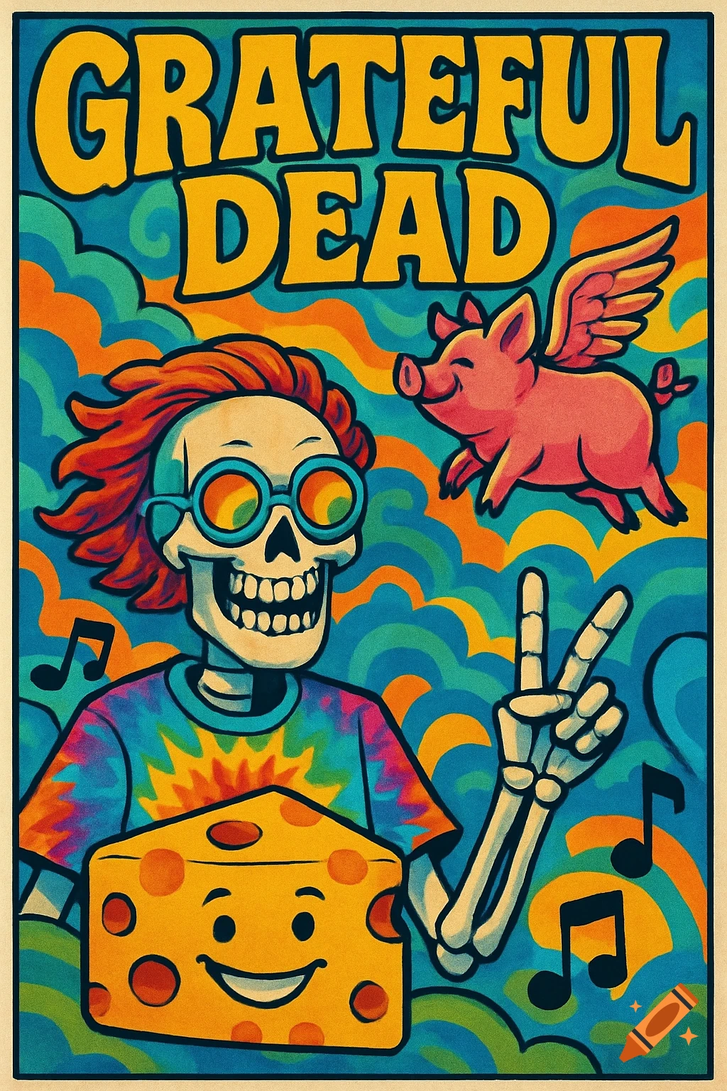 A colorful 70s psychedelic poster for Grateful Dead featuring a skeleton in a tie-dye shirt, a flying pig, and smiling cheese.