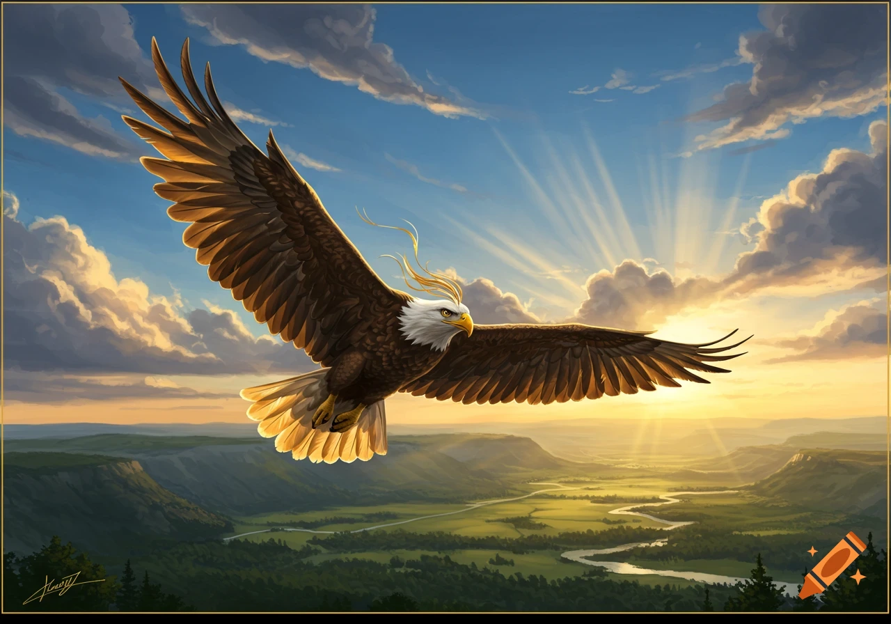 A majestic eagle with golden highlights soars over a green valley and winding river at sunset, with bright sun rays in the blue sky.