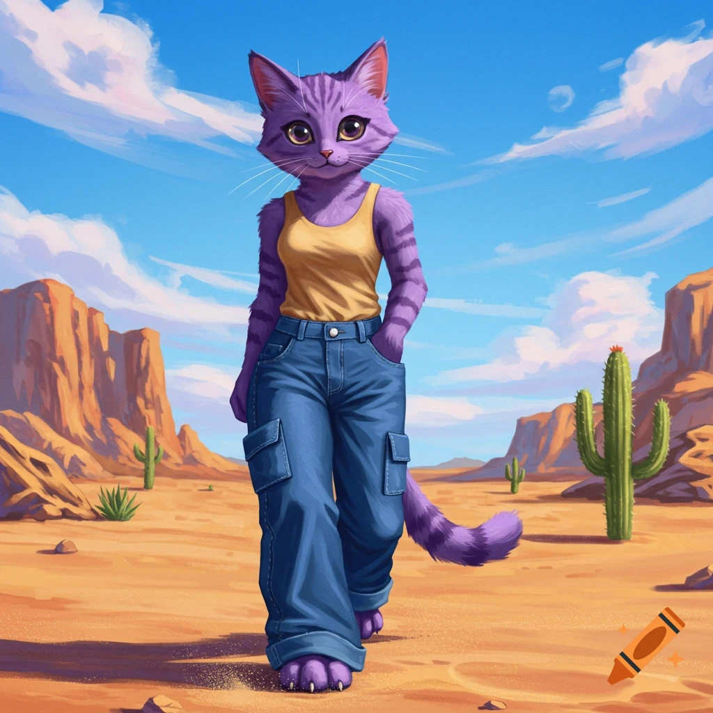 A stylized purple anthropomorphic cat in a yellow tank top and blue wide-leg jeans walks in a sunny desert with cacti.