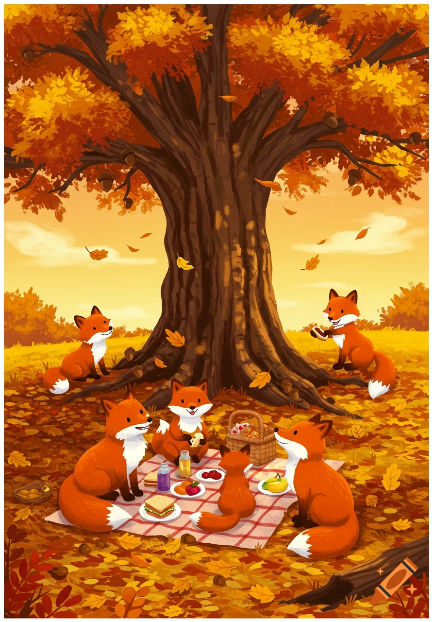 Illustration of cute cartoon foxes having an autumn picnic under a large tree with colorful red and yellow leaves.
