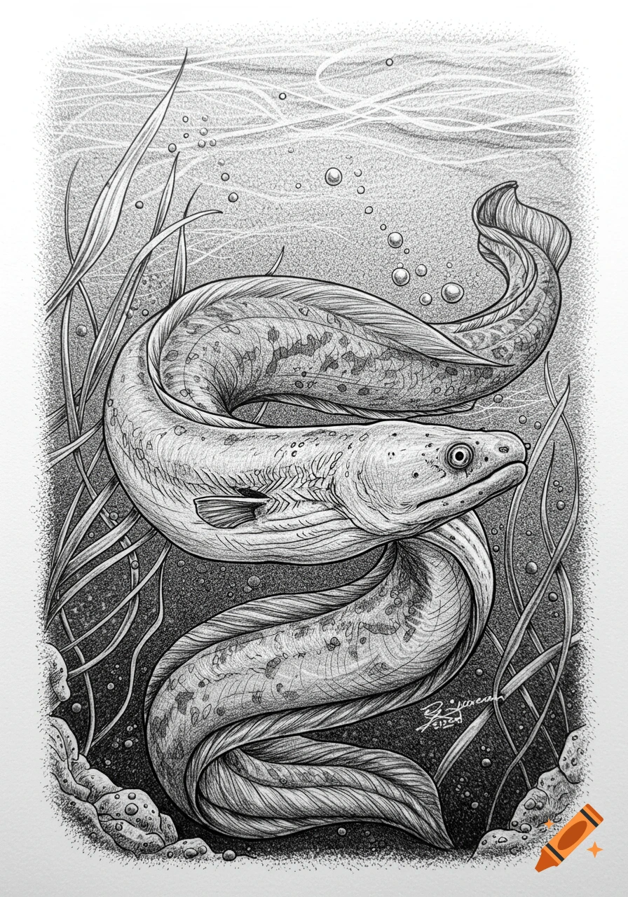 Black and white sketch of a longfin eel swimming in murky water with aquatic plants and bubbles.