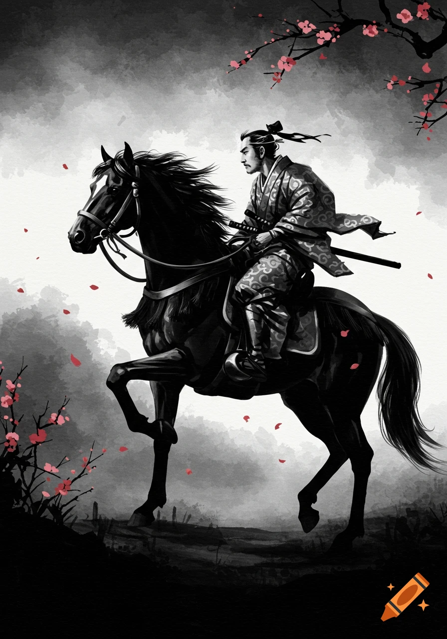 A samurai rides a horse in a black and white sumi ink wash style, with scattered red cherry blossoms.