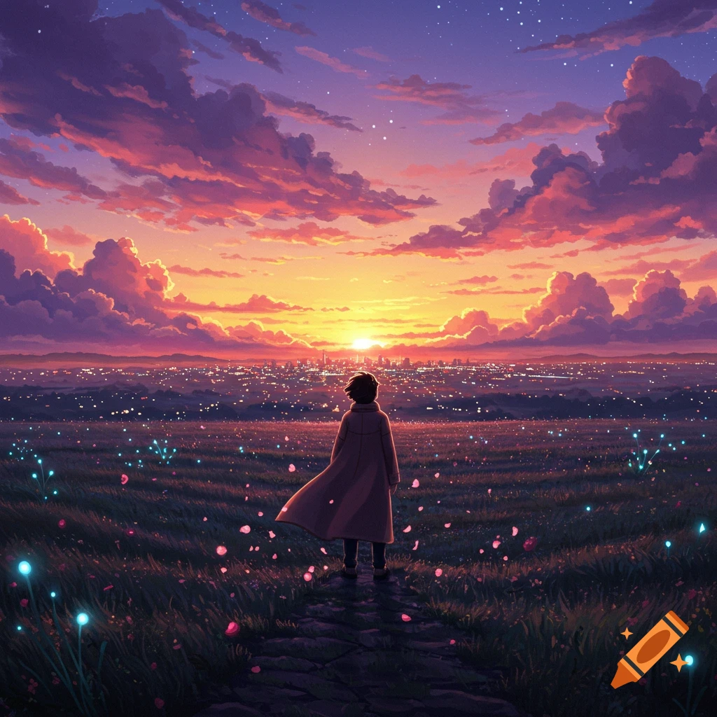 Anime illustration of a person in a field with glowing plants, looking at a city skyline under a vibrant sunset.