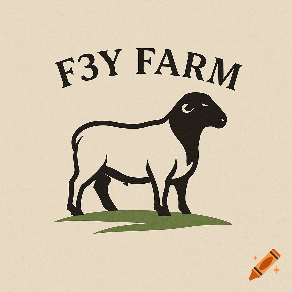 Black and white logo for F3Y Farm with a Dorper sheep standing on grass.