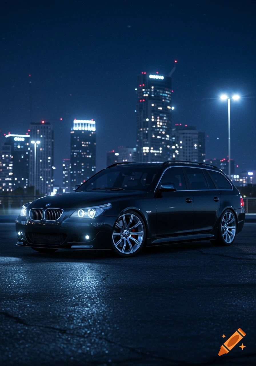 A black BMW E61 station wagon parked on a wet street at night with a blurred city skyline in the background, lights glowing.