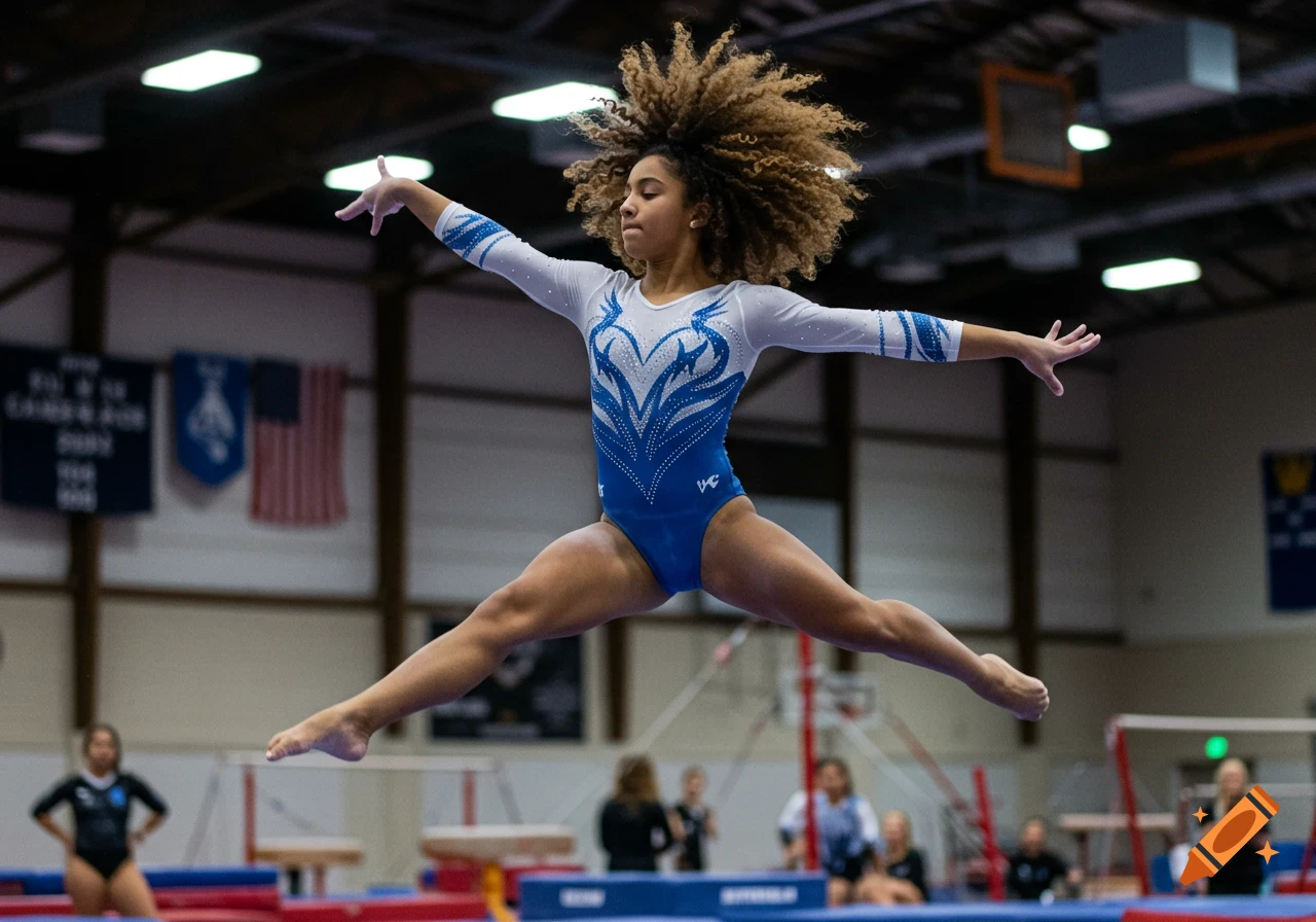 A curly-haired female gymnast in a blue and white leotard performs a split jump mid-air in a brightly lit gym.