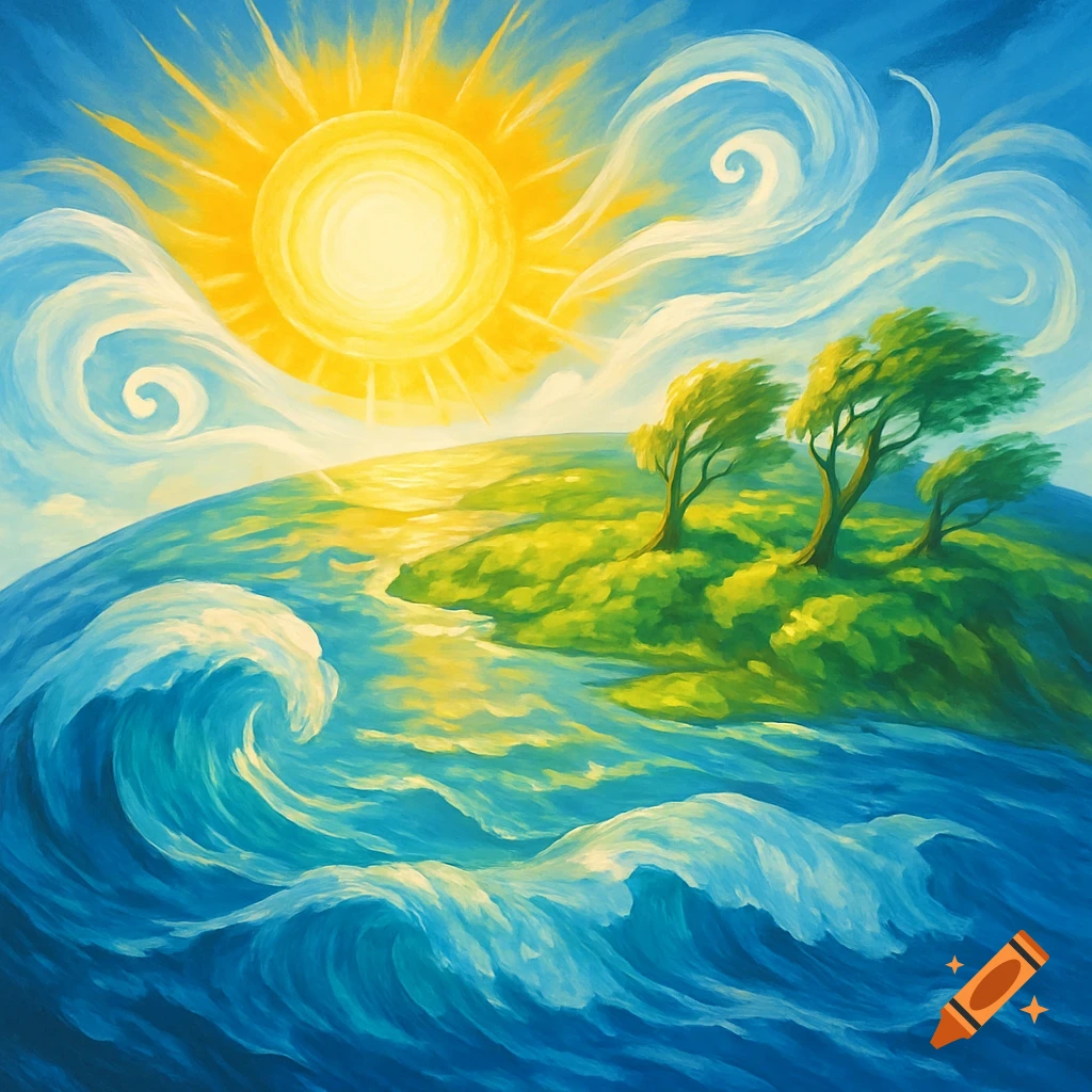 Vibrant painting of a bright sun in a blue sky over a green island with trees and crashing blue ocean waves.