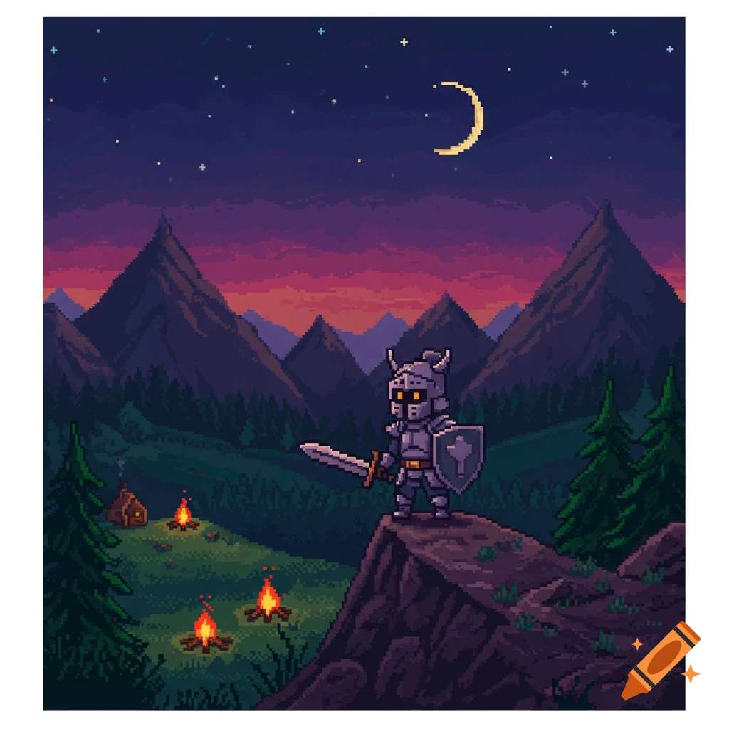 Pixel art knight stands on a cliff overlooking a forest with campfires and mountains at night.