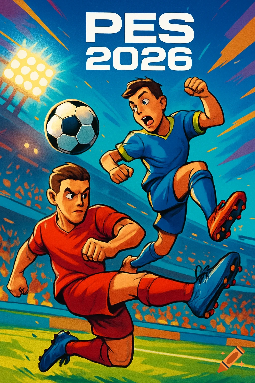 Cartoon game cover for PES 2026 showing two soccer players in action on a field under stadium lights.