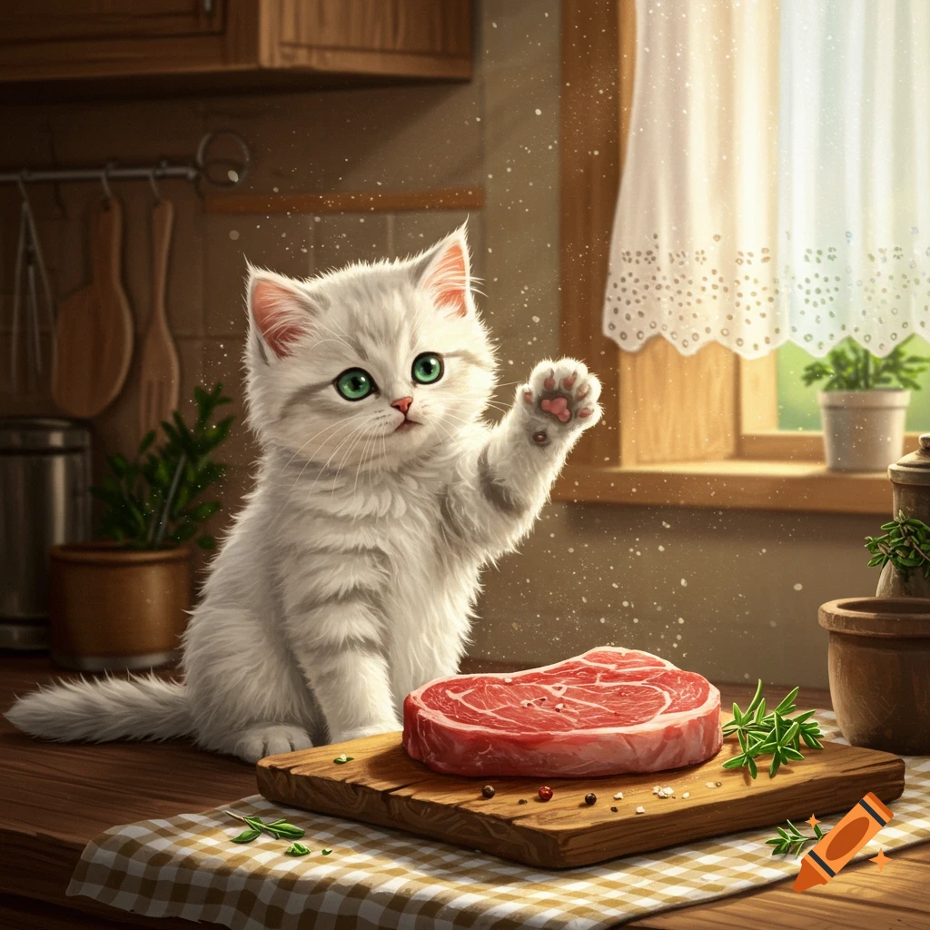 A fluffy white kitten with green eyes raises a paw towards a raw steak on a cutting board in a rustic kitchen.