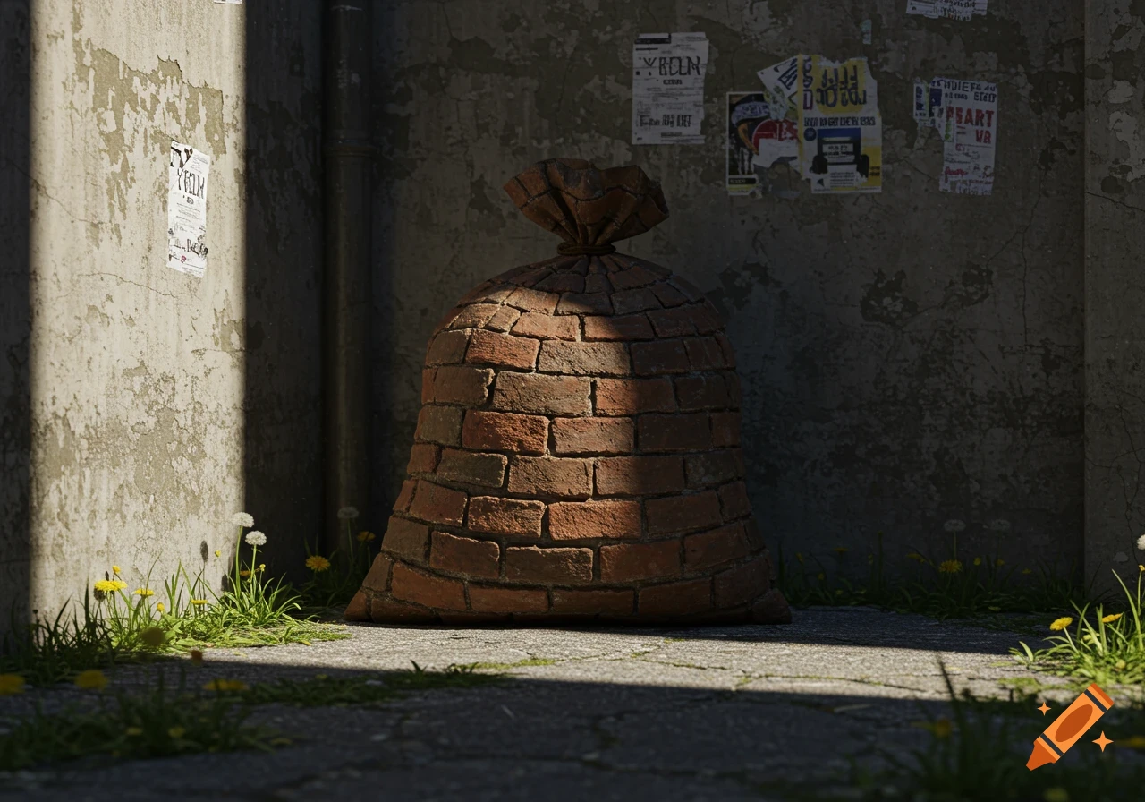 A photorealistic image of a brick-textured trashbag in a sunlit urban alley with dandelions and faded posters on the wall.