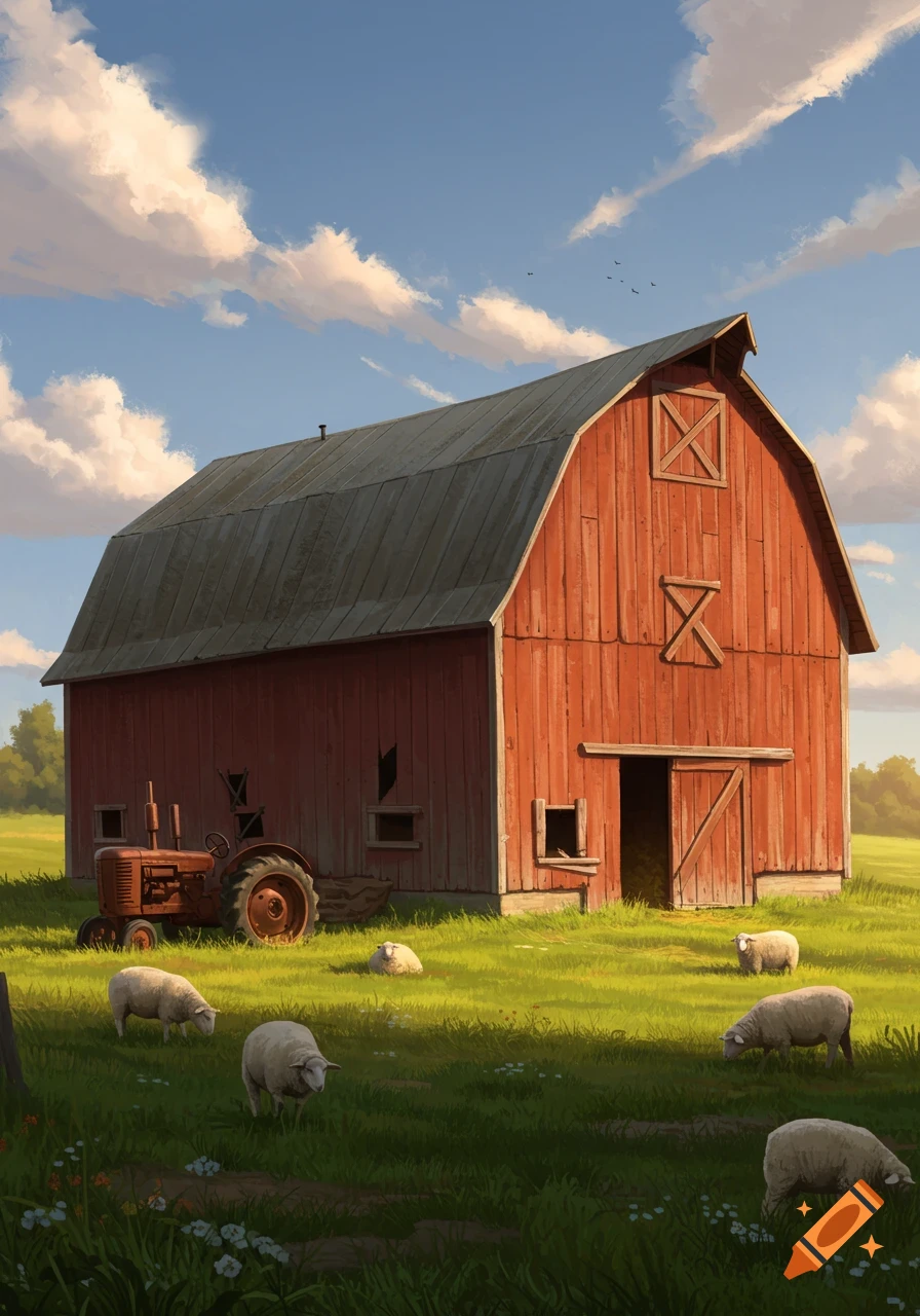 A vibrant painting of an old red barn and tractor in a sunny green field with grazing sheep under a blue sky.