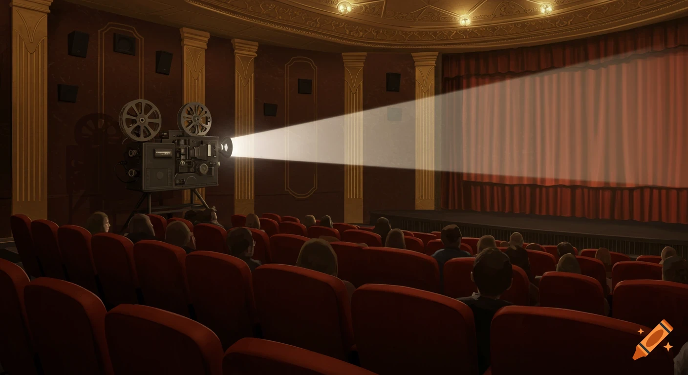 A vintage movie theater with a film projector beaming light onto a red curtained screen, viewed from behind the audience.