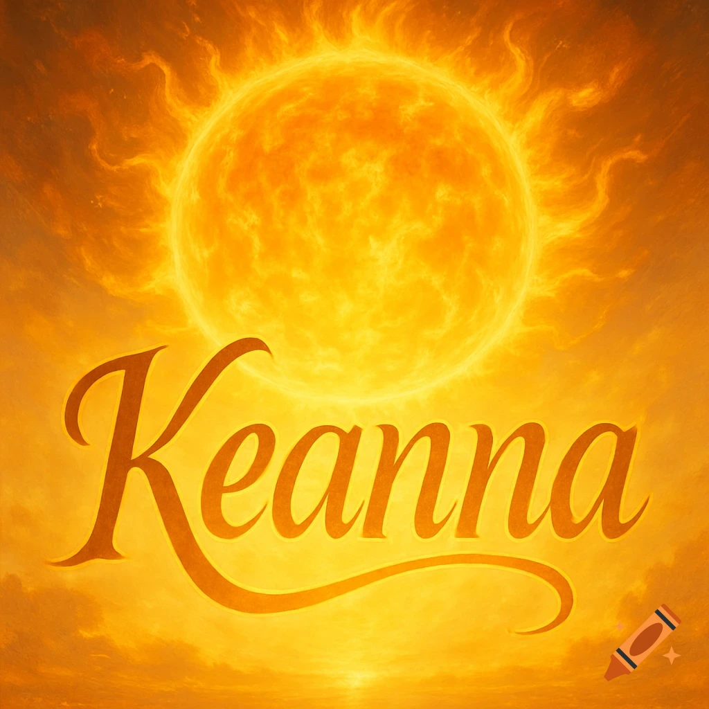 The name Keanna in elegant script font in front of a bright, fiery orange sun in a warm sky.