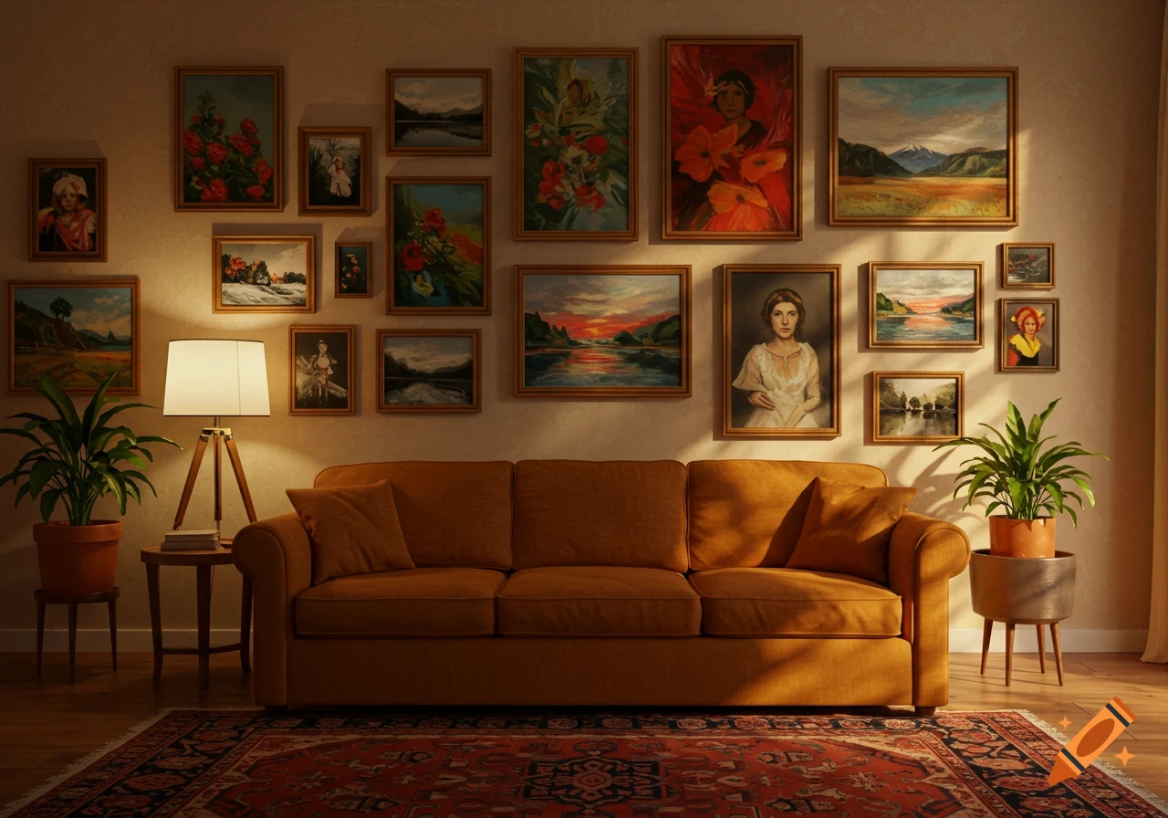 Warmly lit living room with a mustard yellow sofa, patterned rug, and a gallery wall of framed paintings and potted plants.