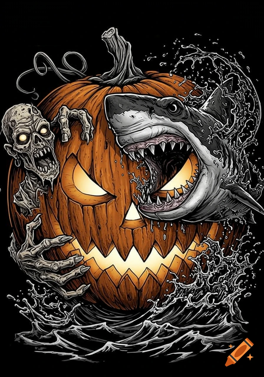 A stylized illustration of a glowing jack-o-lantern being attacked by a zombie on one side and a shark on the other, with water splashing.