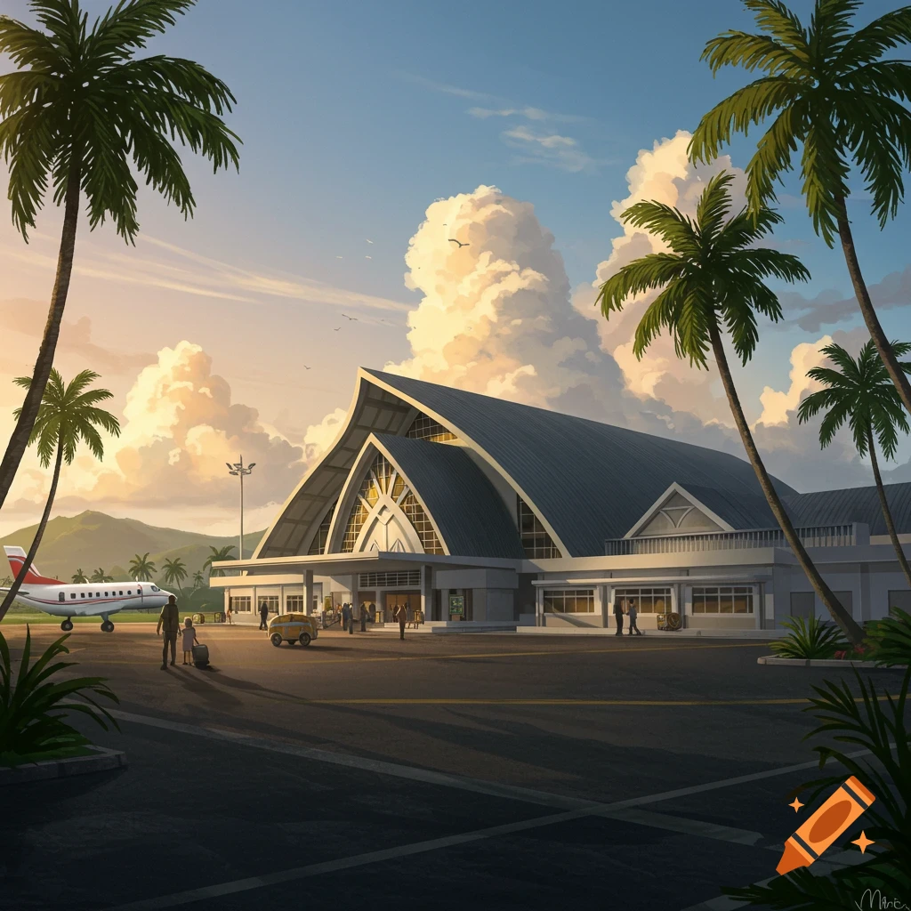 A stylized illustration of a tropical airport terminal at sunset, surrounded by palm trees, with an airplane on the tarmac.