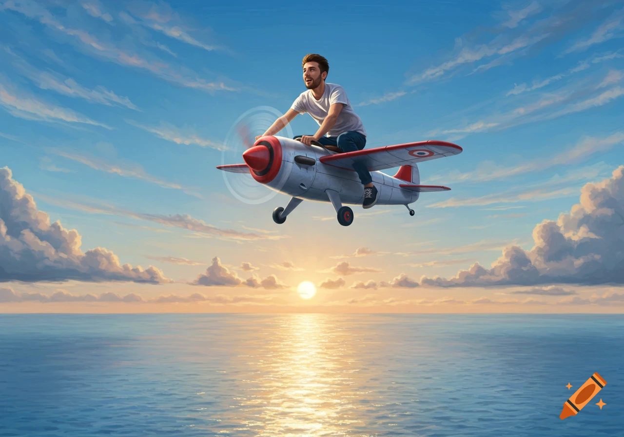 A bearded young man rides on top of a small propeller plane, flying over the ocean at sunset in a digital painting.