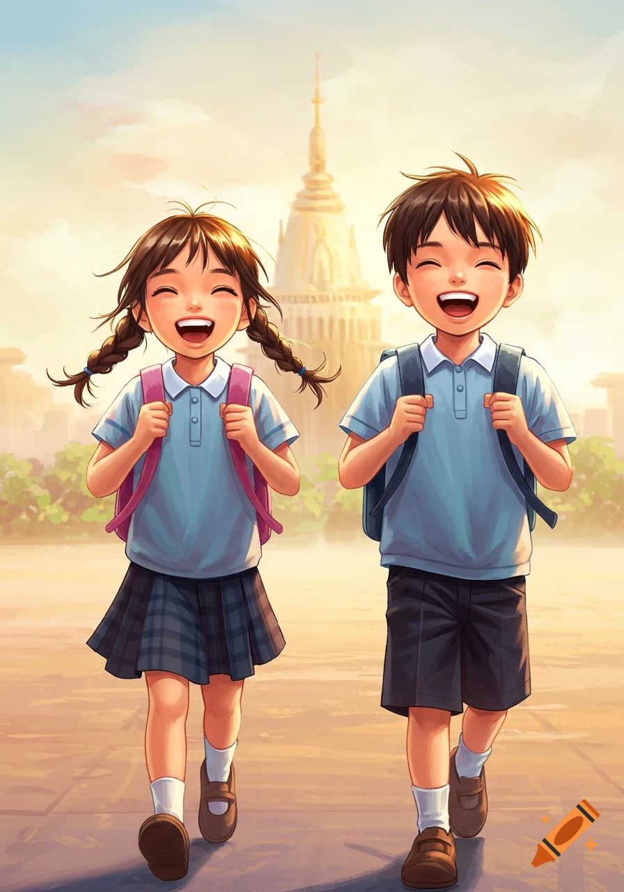 Two cheerful anime-style children, a girl and a boy in school uniforms with backpacks, walk happily under bright morning light.