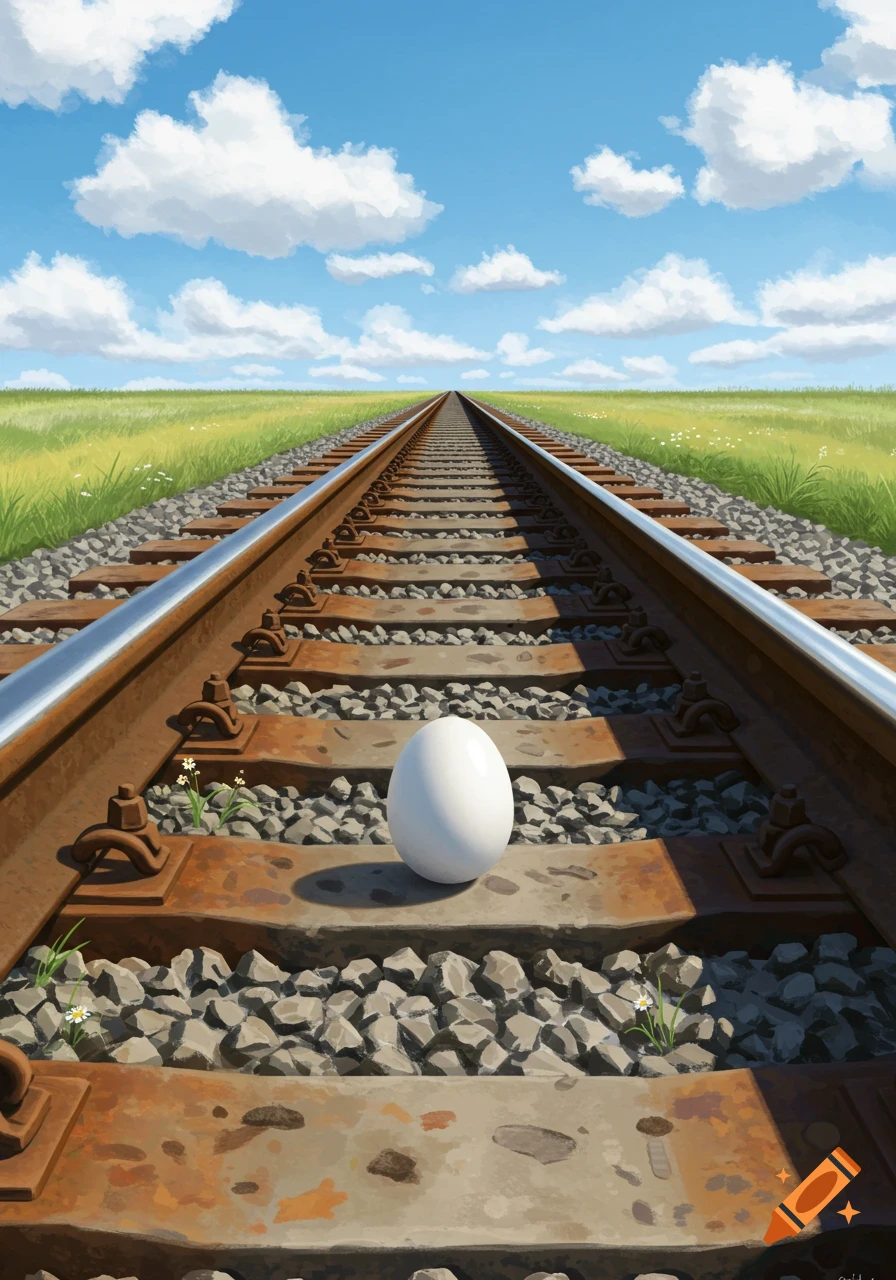 A white egg on railroad tracks stretching through green fields under a blue sky, illustrative style.