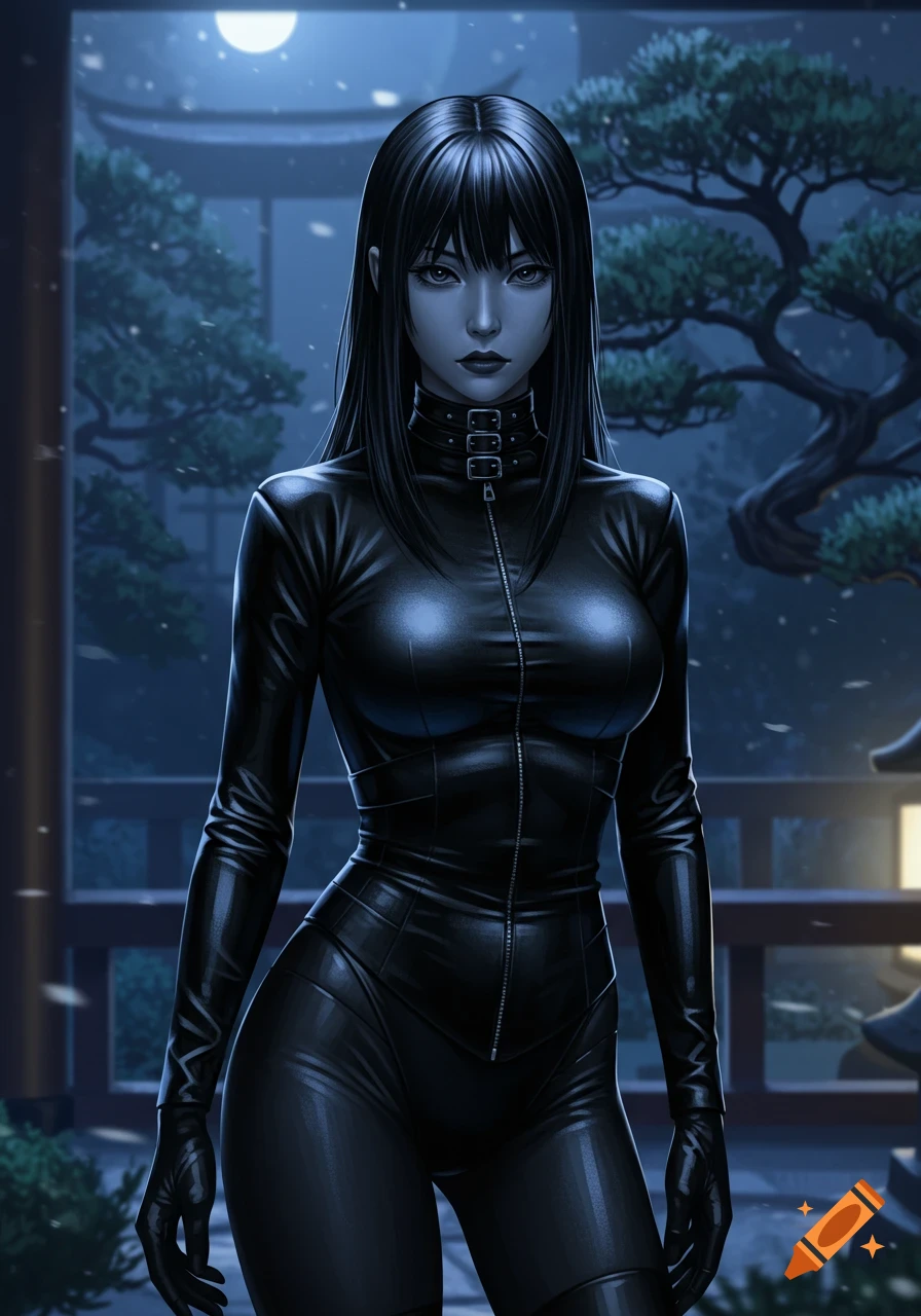 Digital painting of a stern woman in a black leather catsuit, long dark hair, in a snowy Japanese garden at night under a full moon.