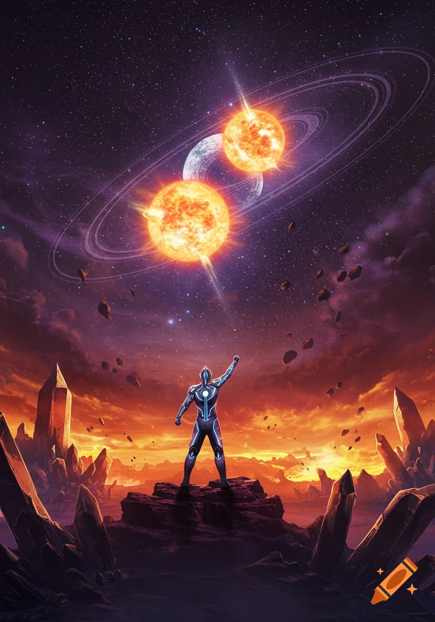 A glowing hero stands on a rocky alien landscape under a sky with two suns and a planet.