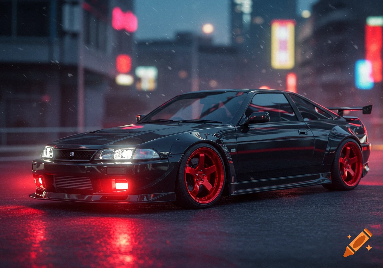 A sleek black sports car with bright red wheels and headlights glows on a wet city street at night, reflecting neon lights.